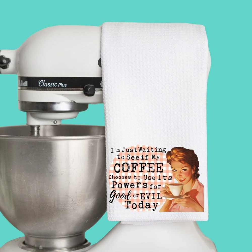 Funny Retro Coffee Powers Good or Evil Waffle Weave Kitchen Towel White